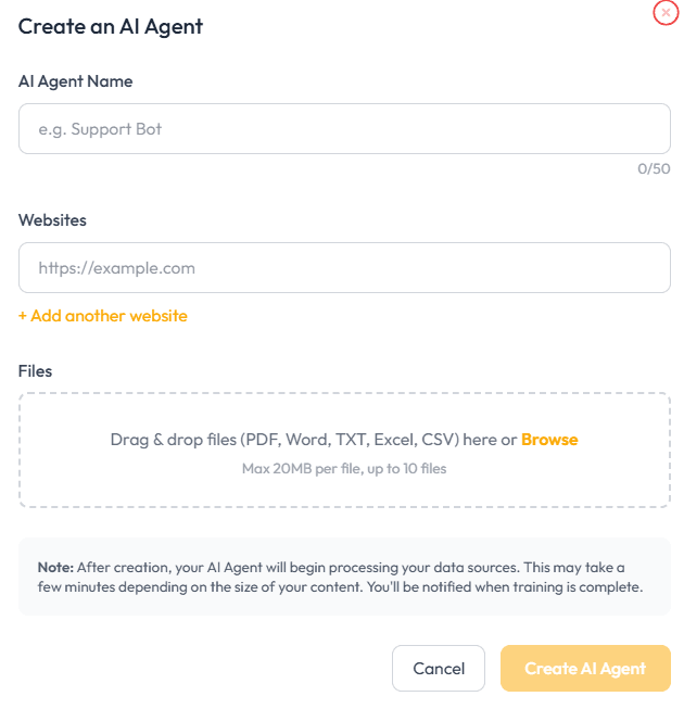 AI Agents — create and configure a new AI agent.