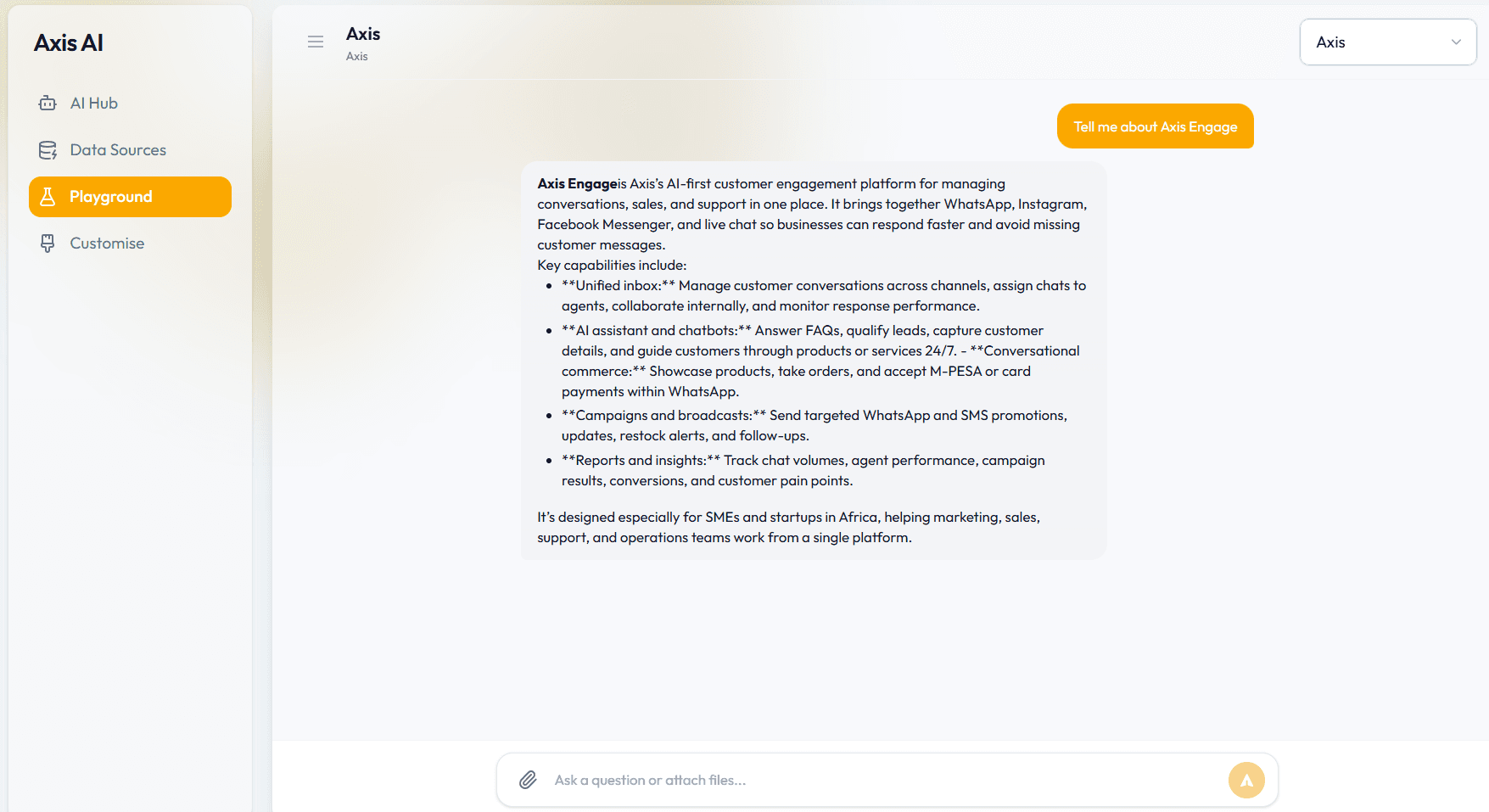 AI Agent Testing — test your agent’s responses before going live.